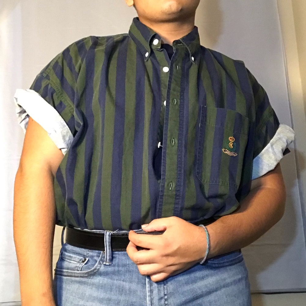 Blue and green striped button up